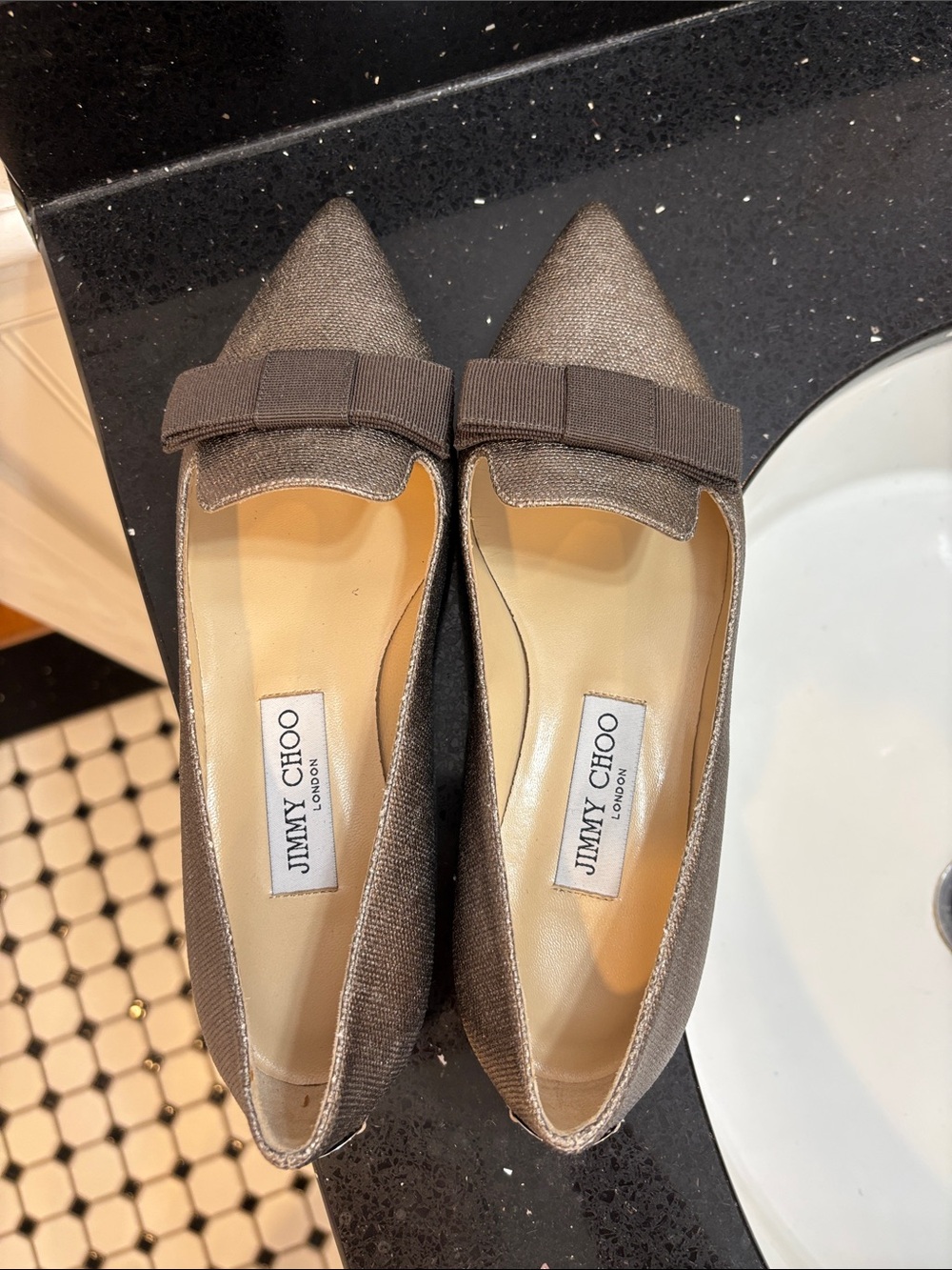 NWOT Jimmy Choo Metallic Bronze Pointed Flats with Grosgrain Bow - Picture 7 of 7